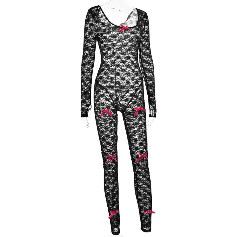 Laced See Through Jumpsuit With Pink Bows