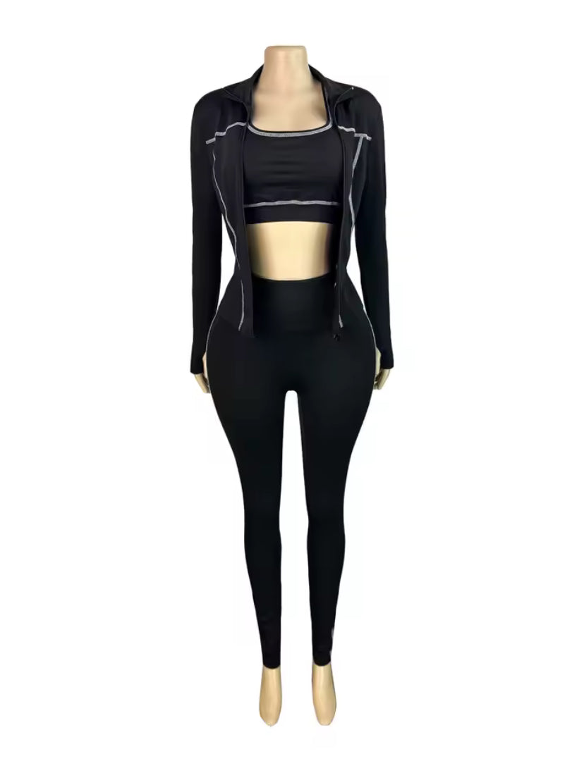 Women’s 3-Piece Leggings Set Jacket Matching Bra Leggings Outfit Set