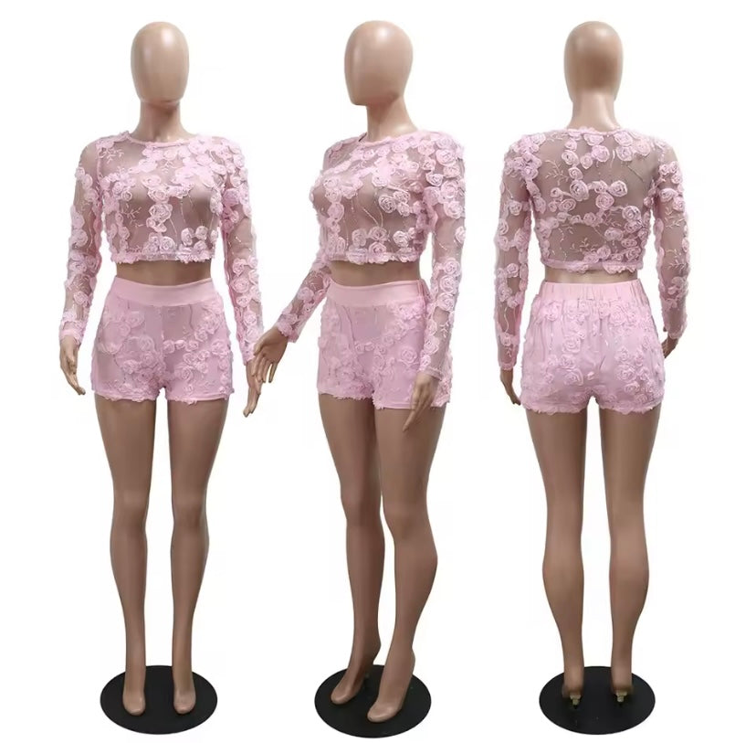 Women’s Pink Blush Bloom 2-Piece Sheer 3D Floral Short Set