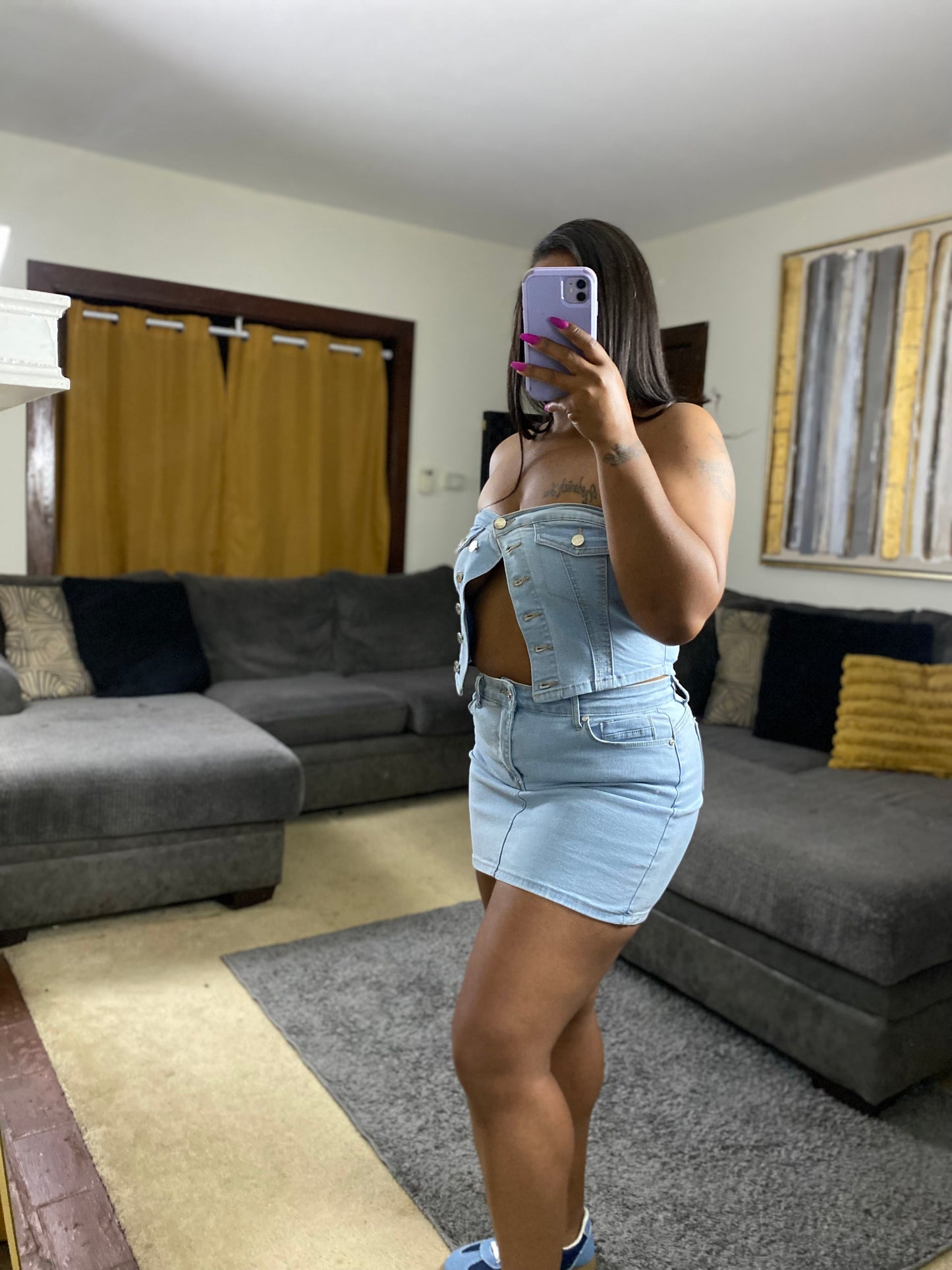 Women’s Denim 2-Piece Skirt Set – Strapless Button Detail Top & Mini Skirt