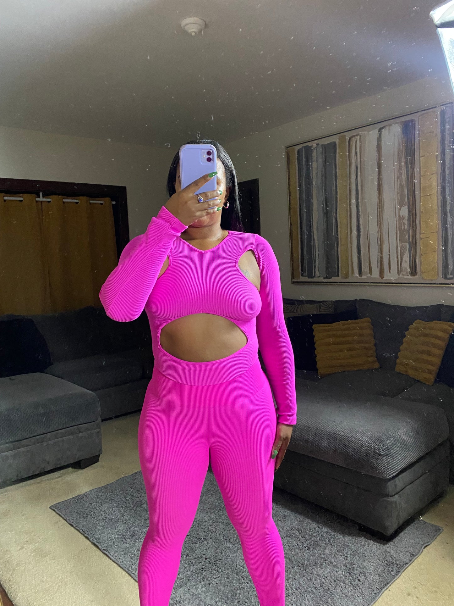 Women's Hot Pink Ribbed Cut-Out Crop Top & High-Waist Leggings Set