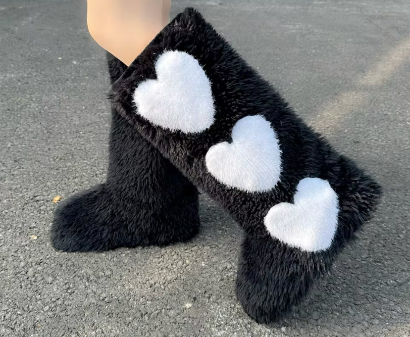 Women’s Heart Fur Boots Heart Boots Furry Fuzzy Boots Fuzzy Heart Boots Fur Heart Boots Valentine’s Day Fur Boots