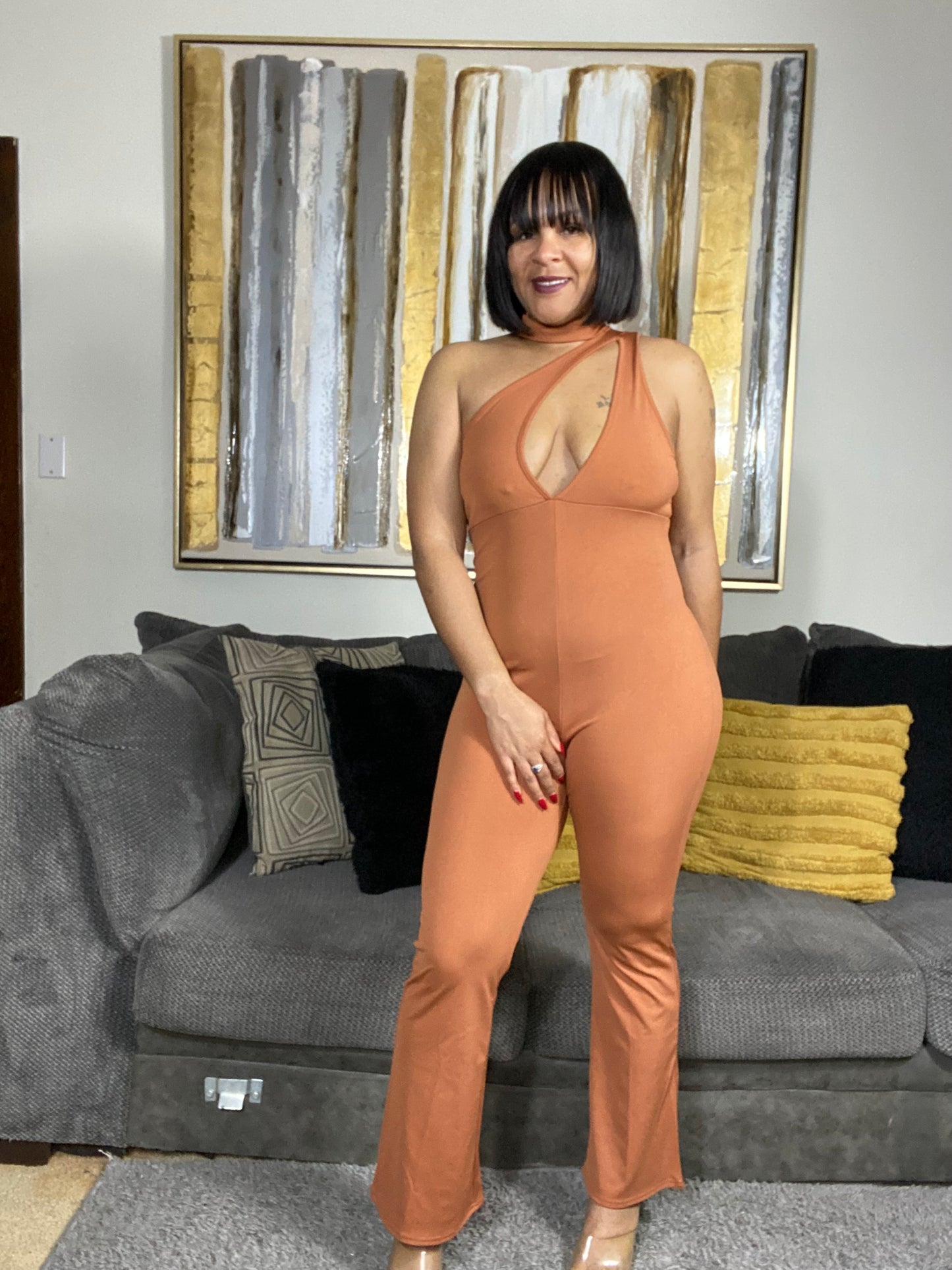 Stretchy Brown Halter Women’s Jumpsuit