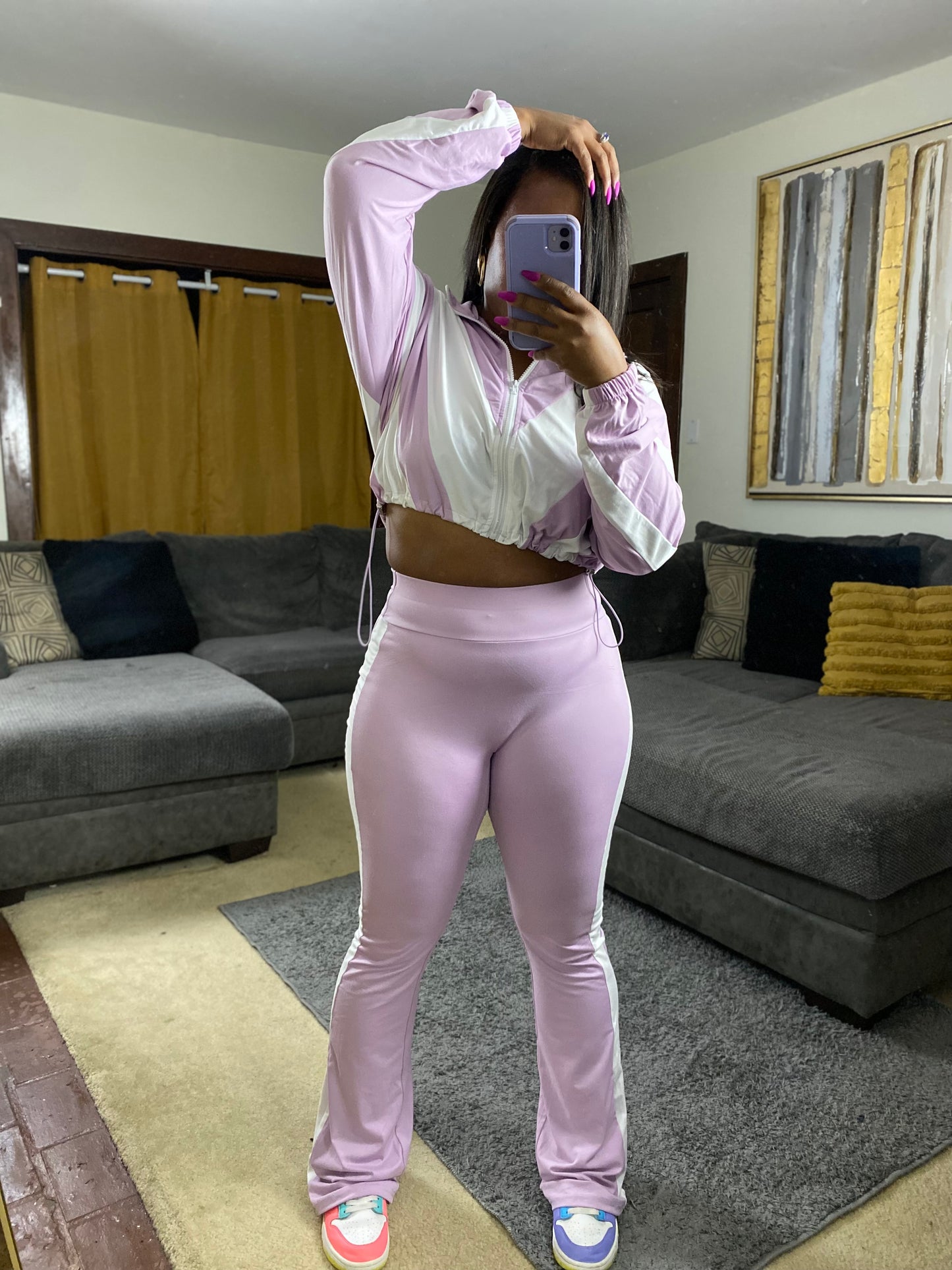 Trendy Two-Piece Tracksuit Set – Women’s Athleisure Zip-Up Crop Jacket & High-Waist Flare Pants (Multiple Colors)
