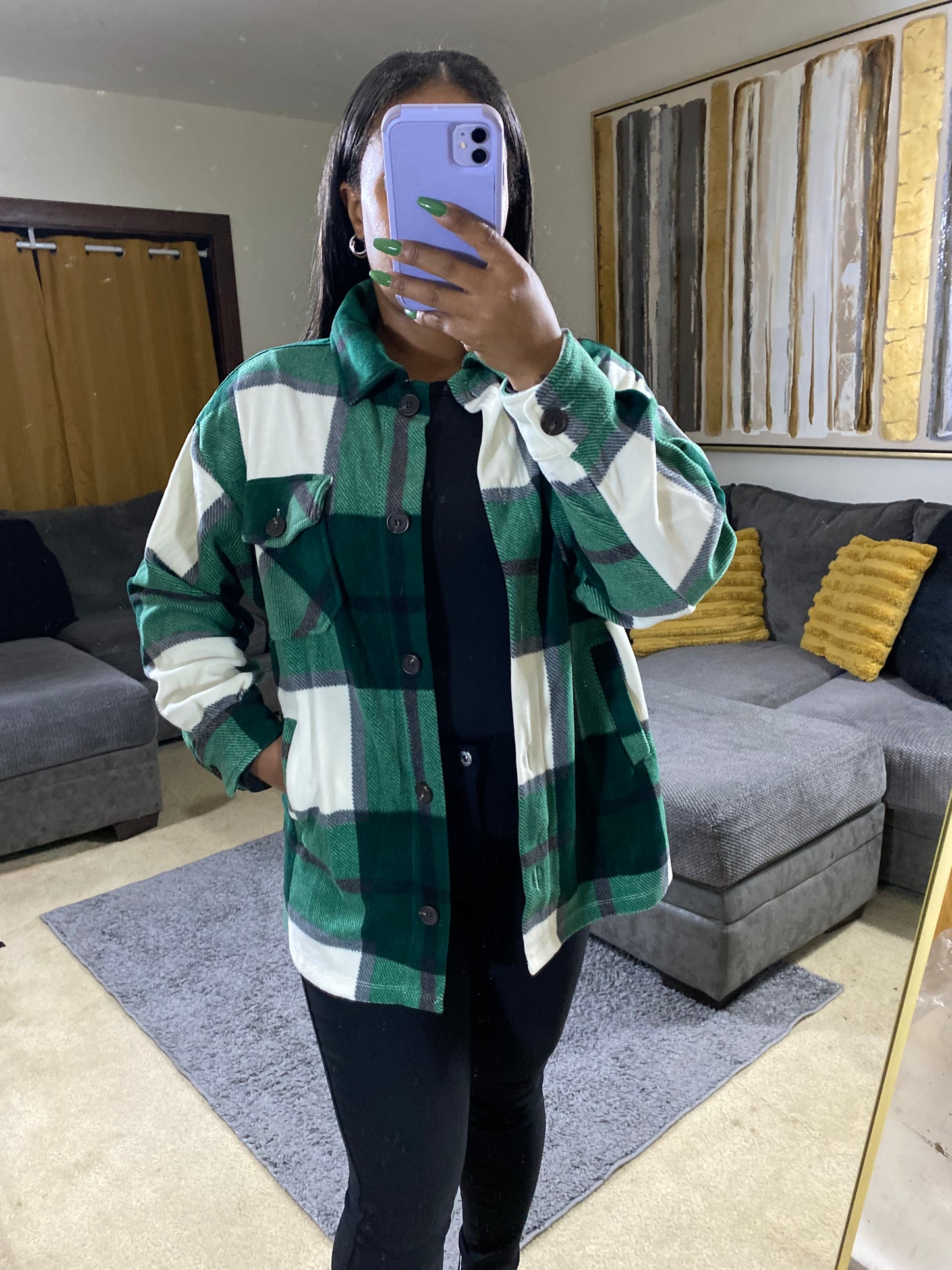 Women's Emerald & Cream Oversized Plaid Fleece Shacket