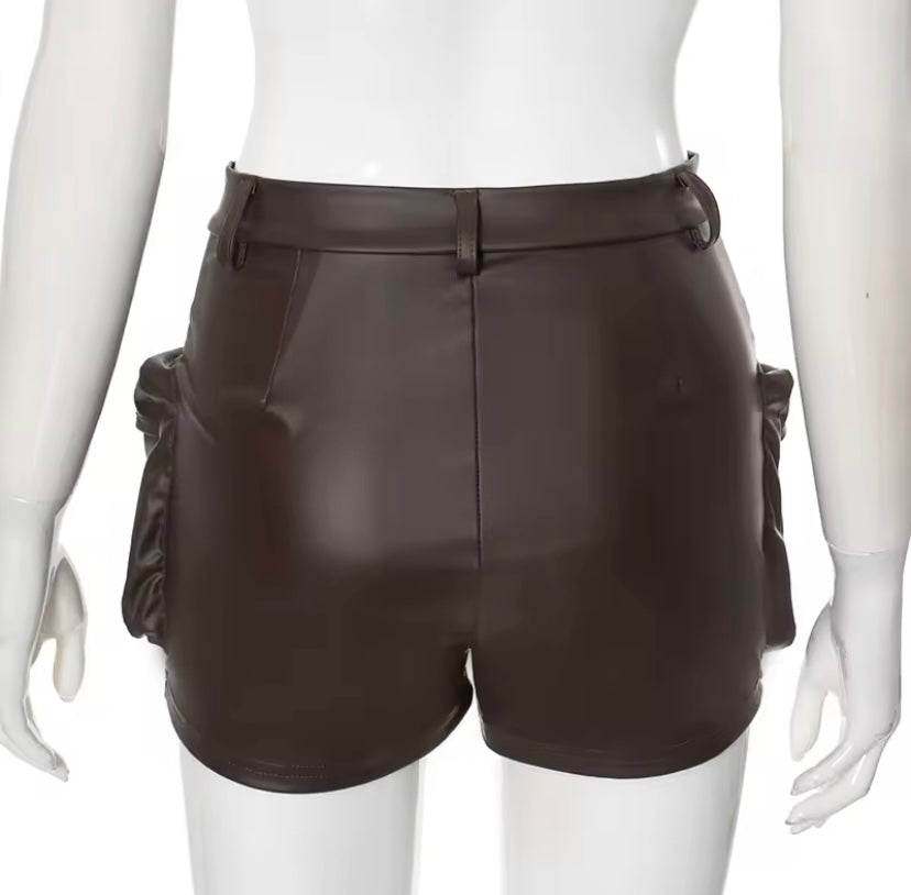 Women’s Brown PU Leather Tight Short Cargo Shorts with Button Zipper Closure
