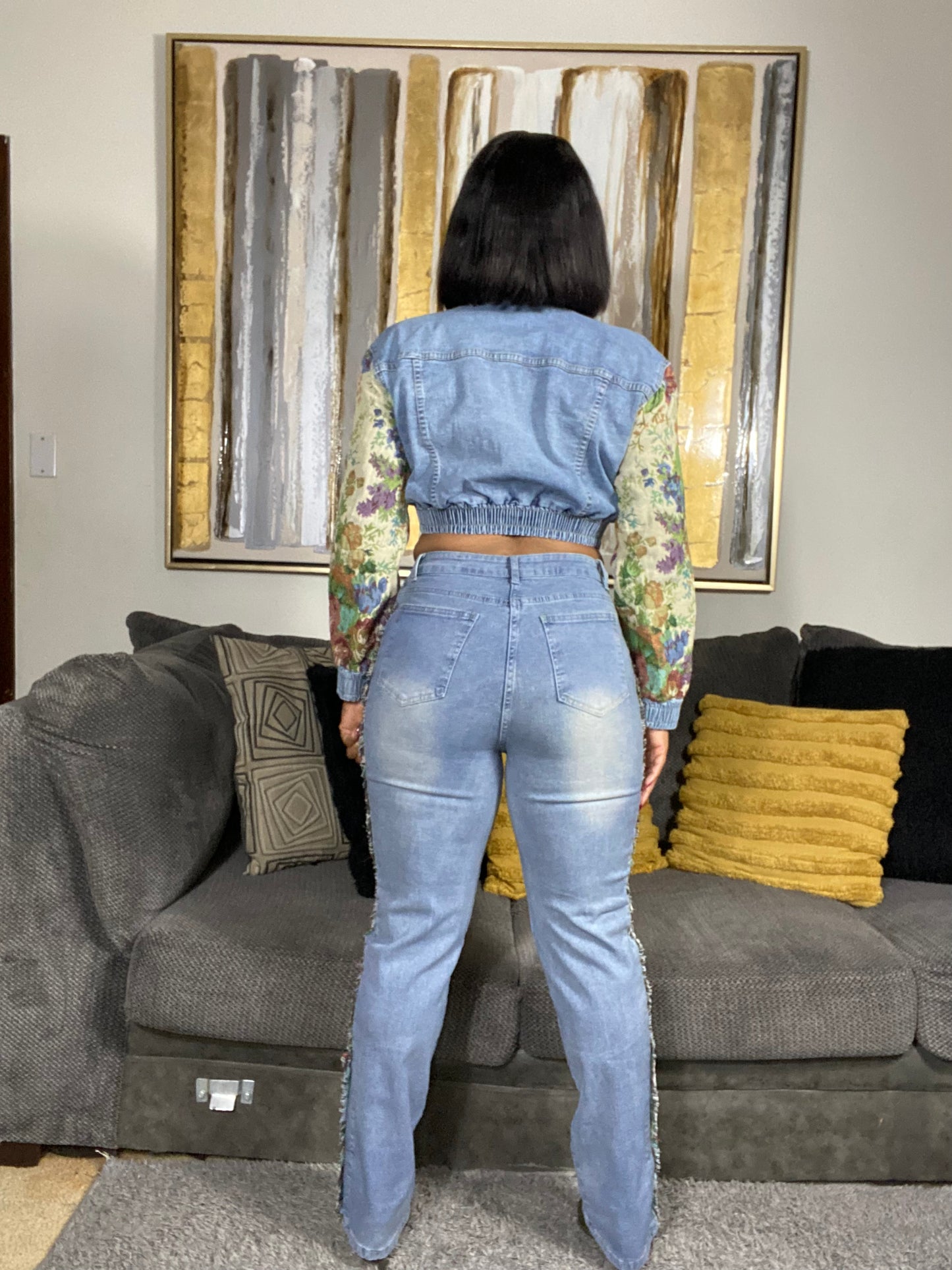 Women’s Vintage Print Long Sleeve Button Closure 2-Piece Light Wash Denim Pants Set