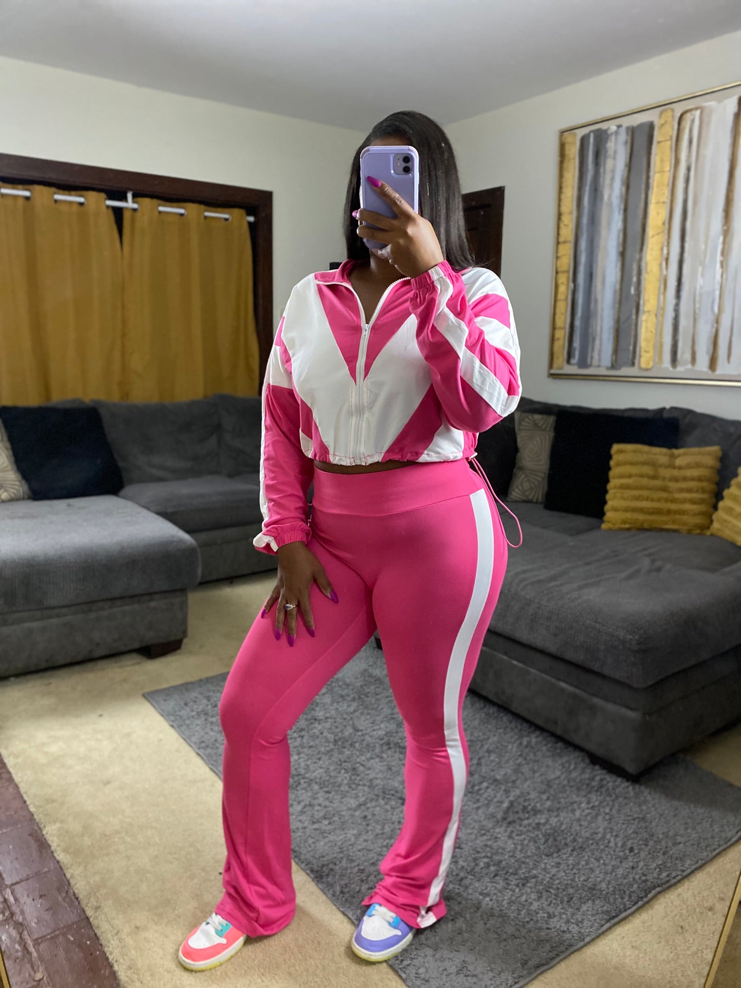 Trendy Two-Piece Tracksuit Set – Women’s Athleisure Zip-Up Crop Jacket & High-Waist Flare Pants (Multiple Colors)