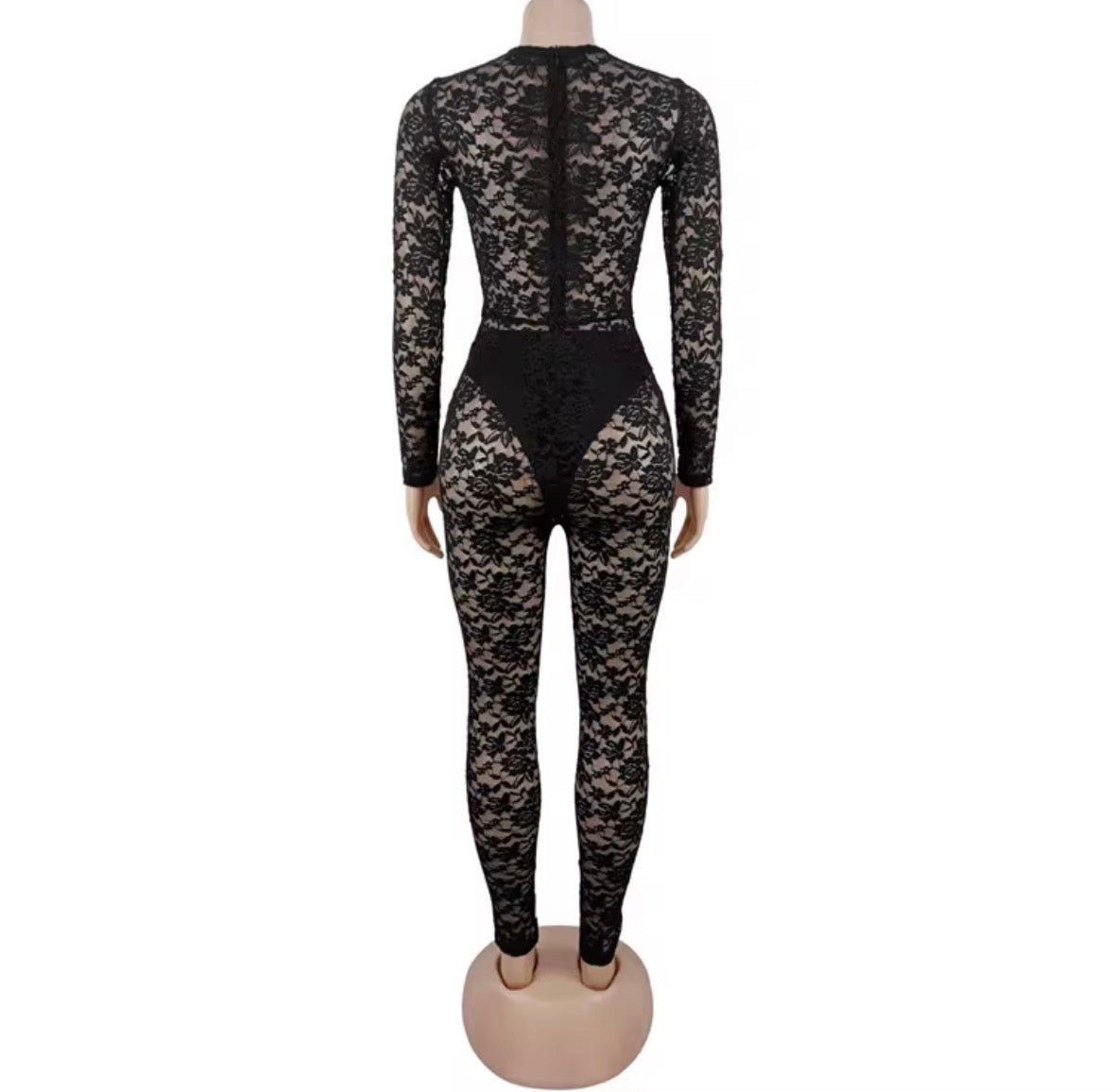 Sheer Elegance Lace Jumpsuit – Black Curve-Hugging Statement Piece