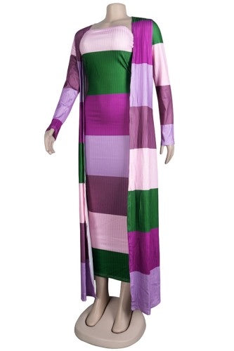 Womens 2-Piece Striped Dress With Matching  Long Jacket