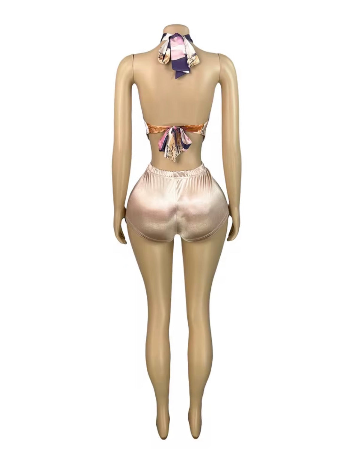 Abstract Muse Halter Bodysuit & Satin Shorts Set – Chic Curve-Hugging Two Piece