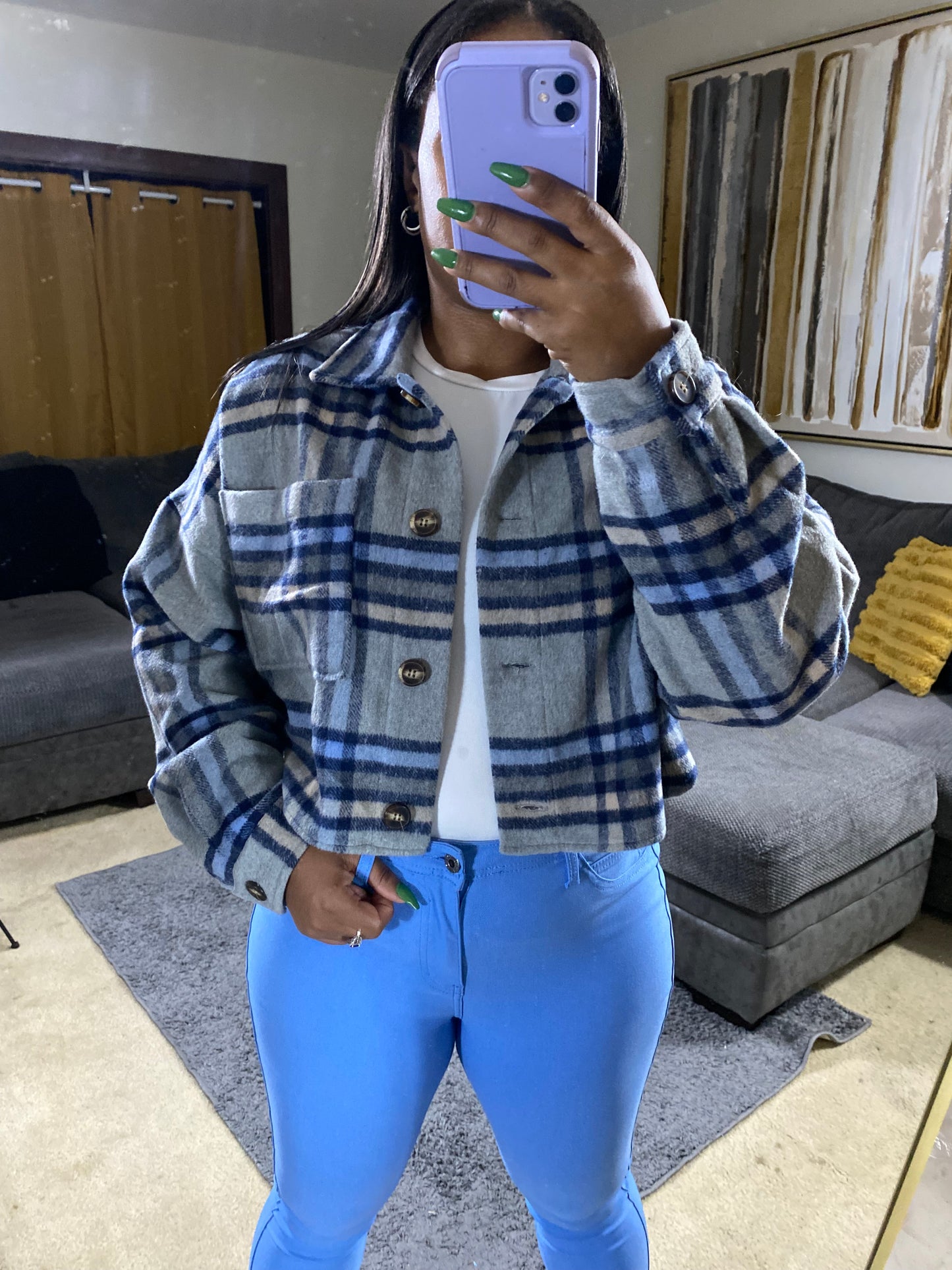 Women's Blue & Gray Plaid Wool-Blend Cropped Jacket