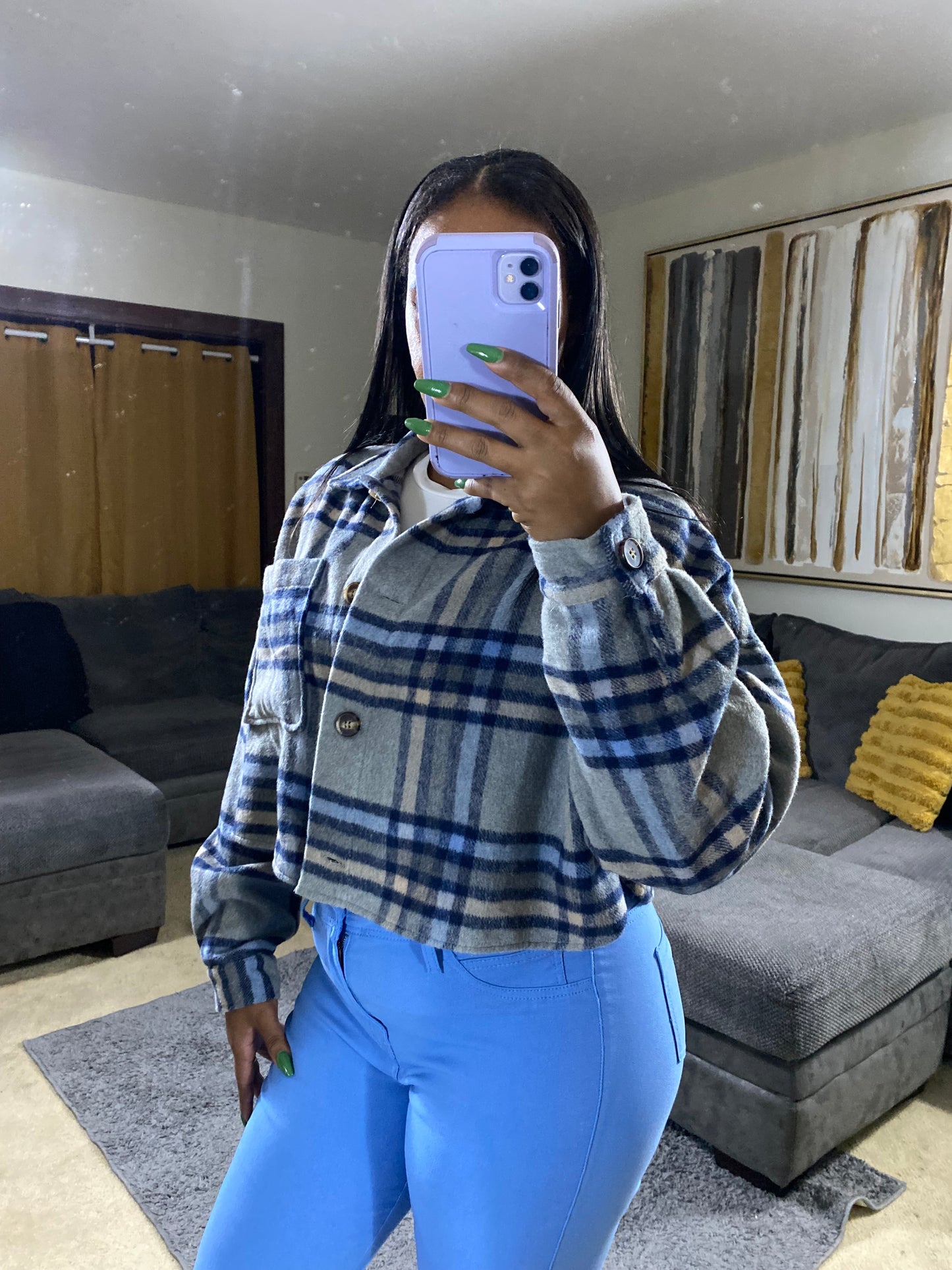 Women's Blue & Gray Plaid Wool-Blend Cropped Jacket