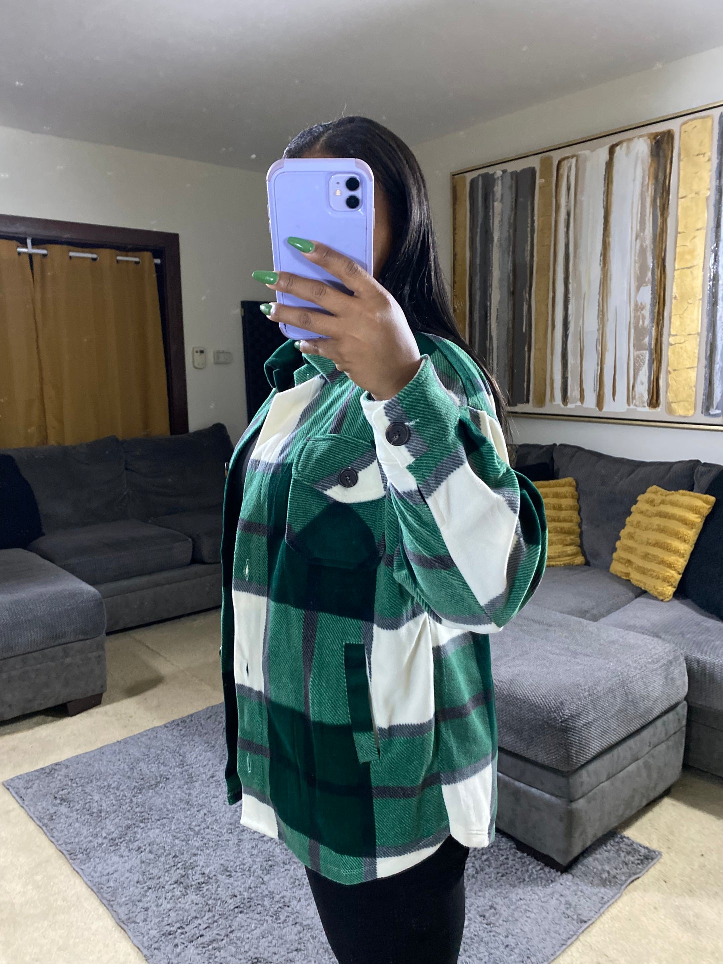 Women's Emerald & Cream Oversized Plaid Fleece Shacket