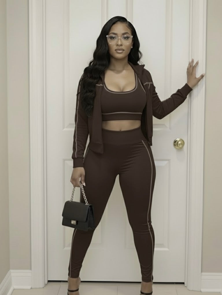 Women’s 3-Piece Leggings Set Jacket Matching Bra Leggings Outfit Set