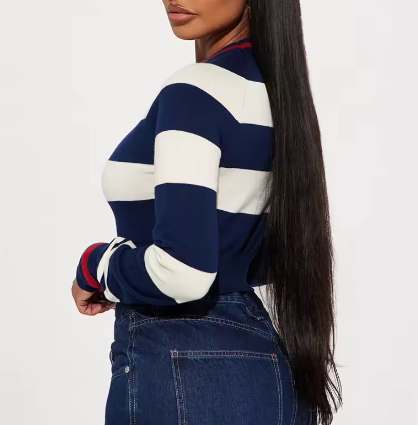Women’s Blue and White Long Sleeve Striped Sweater with Red Bow Cropped Sweater Navy Blue and White