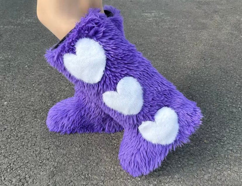 Women’s Heart Fur Boots Heart Boots Furry Fuzzy Boots Fuzzy Heart Boots Fur Heart Boots Valentine’s Day Fur Boots