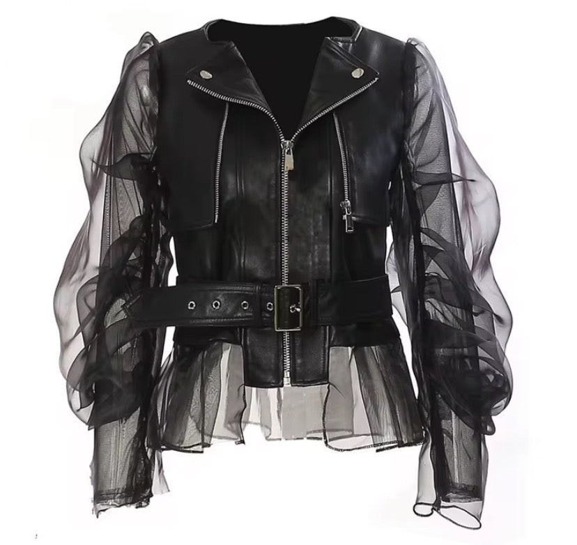 Women's Edgy Sheer Sleeve Moto Jacket – Faux Leather Biker Jacket with Ruffle Details Black Jacket for Women (Large Only)
