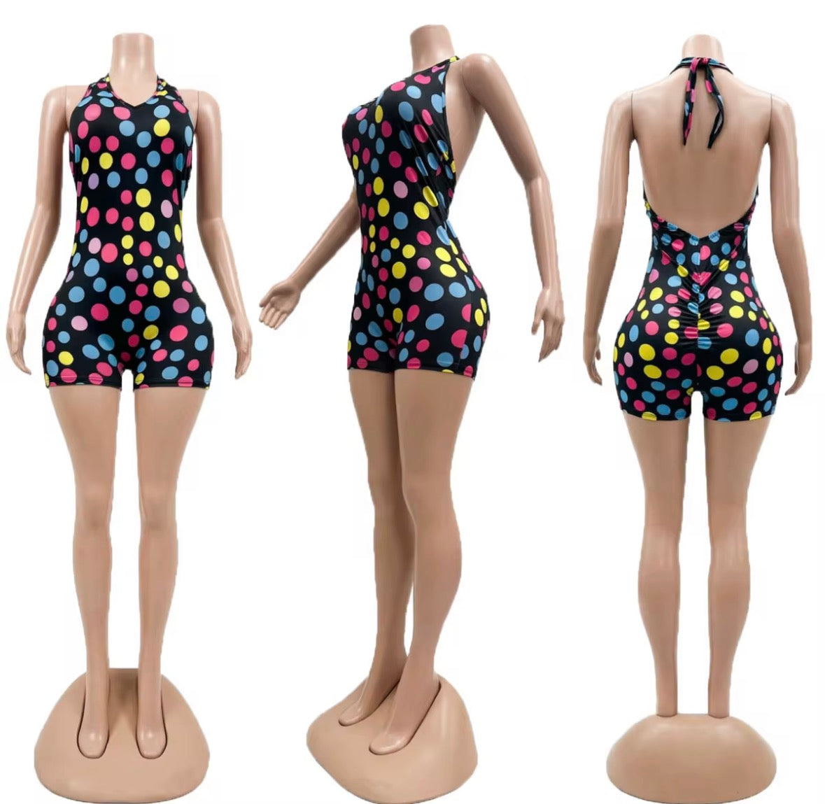 Pop of Color Polka Dot Halter Romper – White & Black