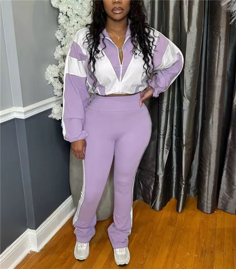 Trendy Two-Piece Tracksuit Set – Women’s Athleisure Zip-Up Crop Jacket & High-Waist Flare Pants (Multiple Colors)