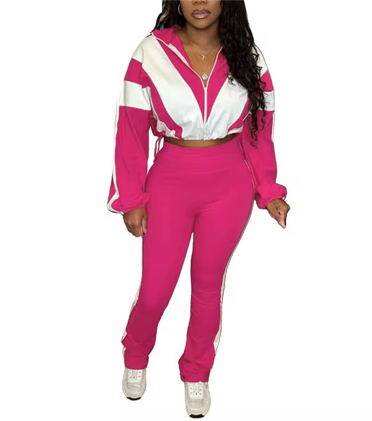Trendy Two-Piece Tracksuit Set – Women’s Athleisure Zip-Up Crop Jacket & High-Waist Flare Pants (Multiple Colors)