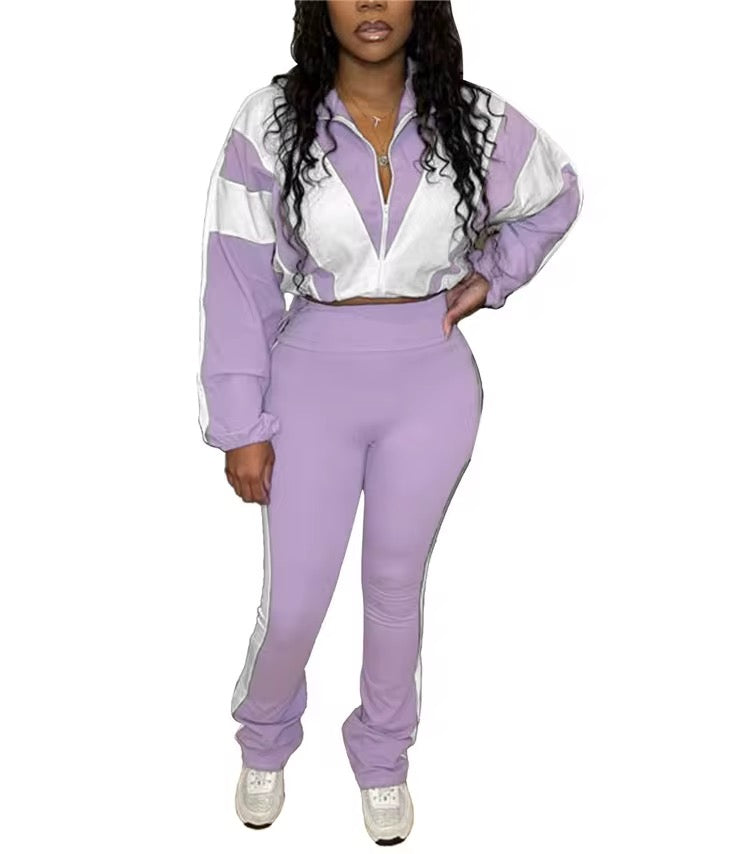 Trendy Two-Piece Tracksuit Set – Women’s Athleisure Zip-Up Crop Jacket & High-Waist Flare Pants (Multiple Colors)