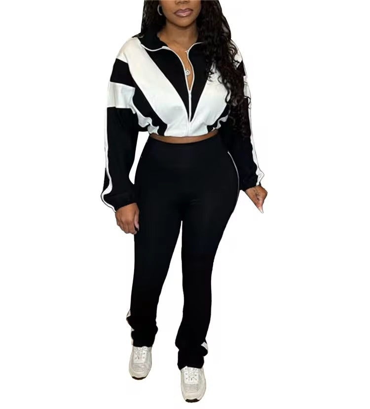 Trendy Two-Piece Tracksuit Set – Women’s Athleisure Zip-Up Crop Jacket & High-Waist Flare Pants (Multiple Colors)