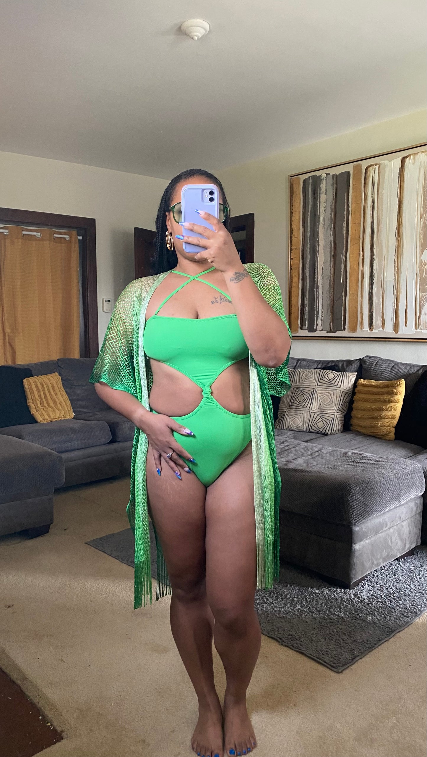 Lime Vibes Cutout One-Piece Swimsuit & Mesh Cover-Up Set Green Swimwear