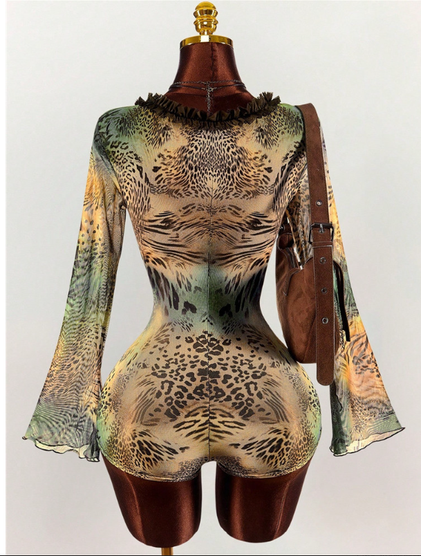 Wild Luxe Mesh Cut-Out Romper - Animal Print Long Sleeve Bodycon Shorts Romper