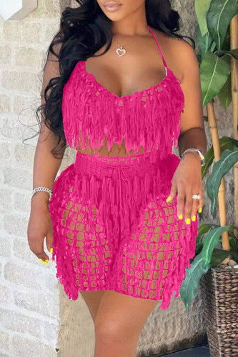 Womens Hot Pink Fringe 2-Piece Set (Large Only)