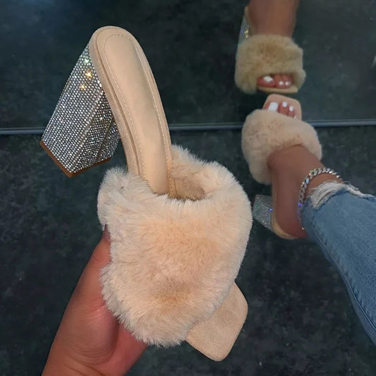 Womens Fuzzy Rhinestones Sandals