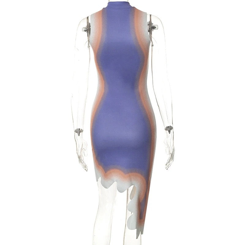 Contour Illusion Bodycon Mini Dress for Women – High Neck Sleeveless Sculpting Print Dress | Periwinkle Body Shaping Cocktail Dress