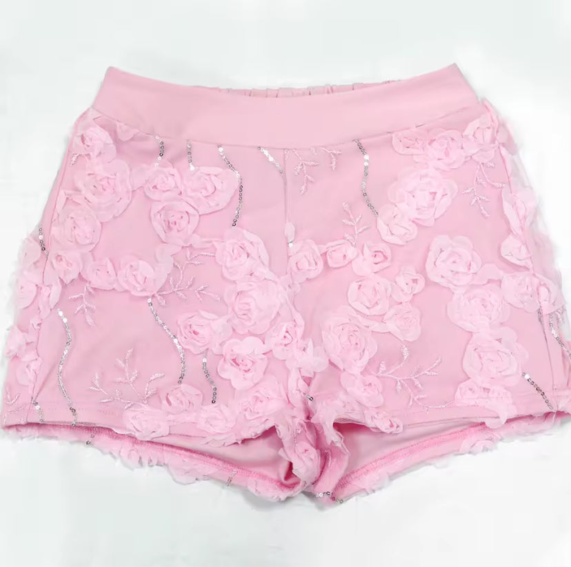 Women’s Pink Blush Bloom 2-Piece Sheer 3D Floral Short Set