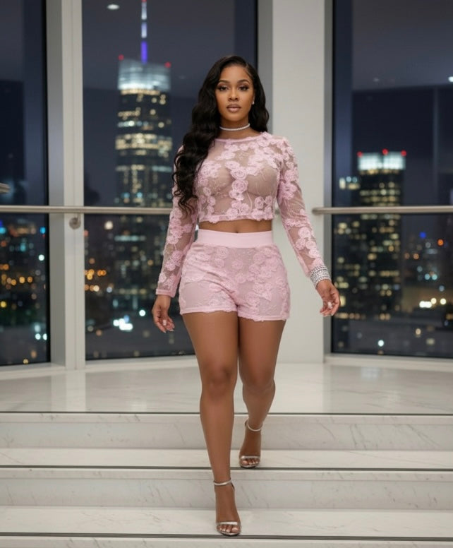 Women’s Pink Blush Bloom 2-Piece Sheer 3D Floral Short Set