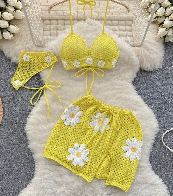 3-Piece Flower Print Knitted Mini Skirt Set