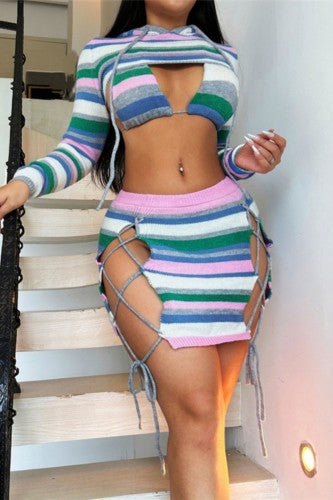 Women's Sexy Striped 3-Piece Skirt Set