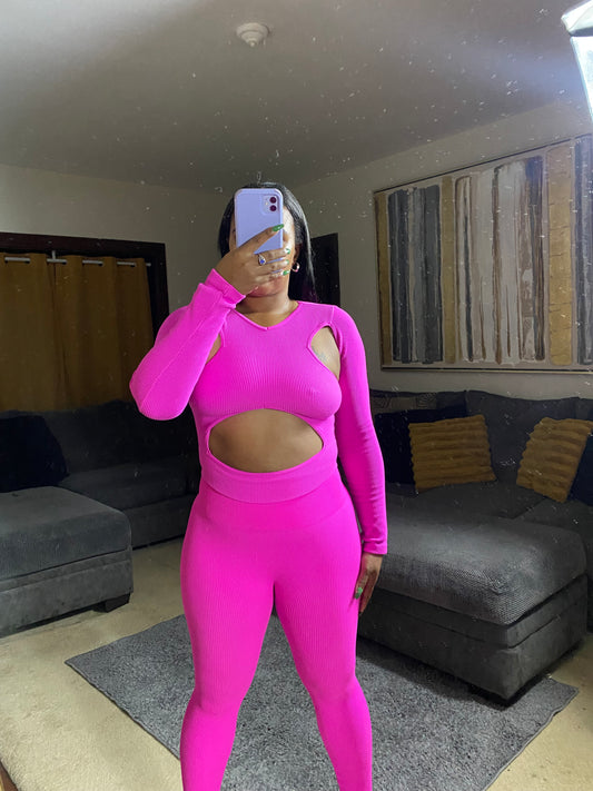 Women's Hot Pink Ribbed Cut-Out Crop Top & High-Waist Leggings Set