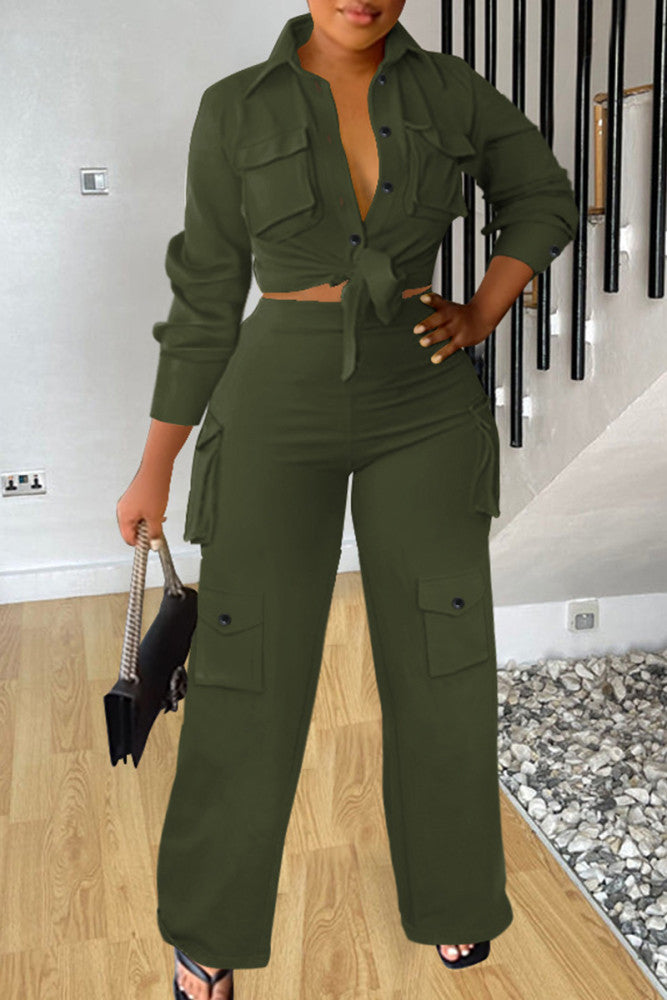 Womens Dark Green  2-Piece Pants Set