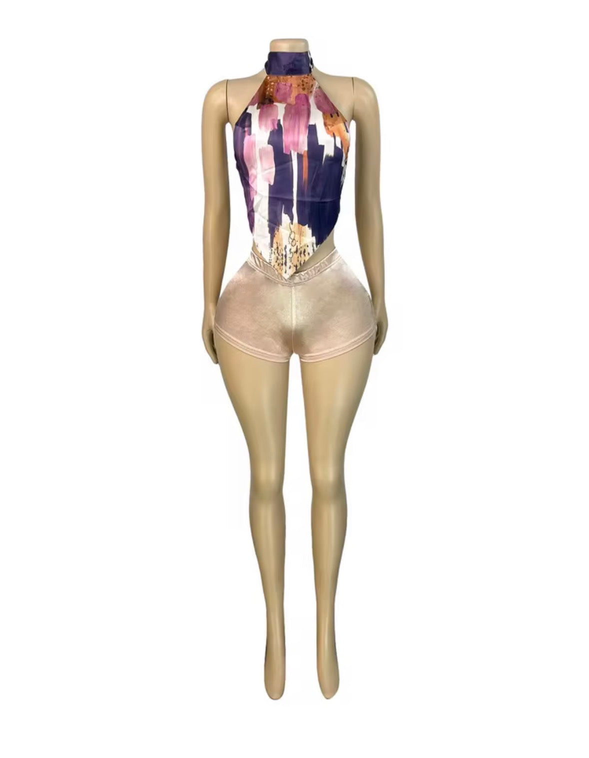 Abstract Muse Halter Bodysuit & Satin Shorts Set – Chic Curve-Hugging Two Piece