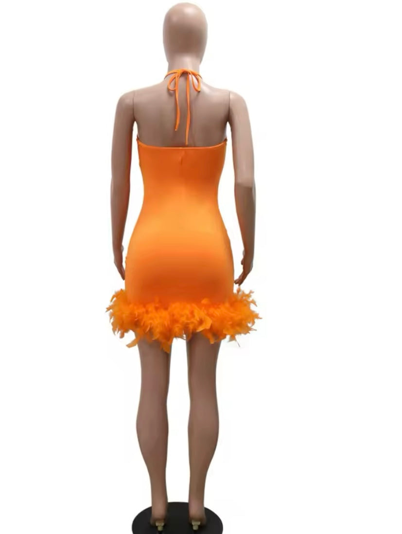 Women’s Orange Sequin Glitter Mesh Feather Sleeveless Birthday Dress Party Dress
