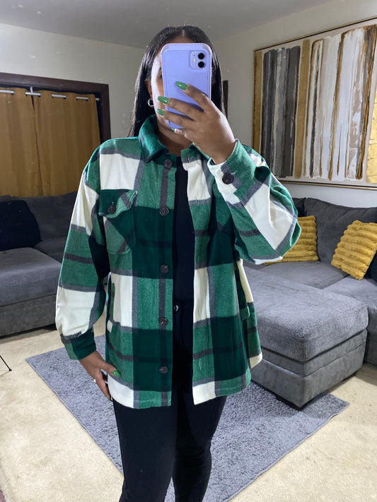 Women's Emerald & Cream Oversized Plaid Fleece Shacket