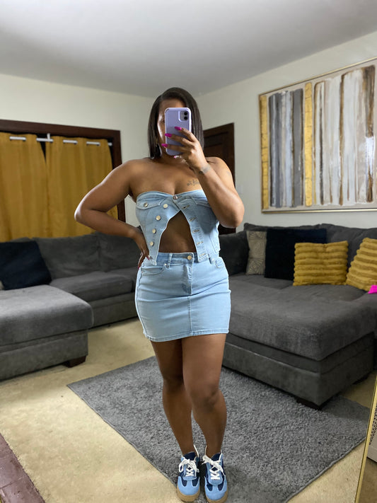 Women’s Denim 2-Piece Skirt Set – Strapless Button Detail Top & Mini Skirt