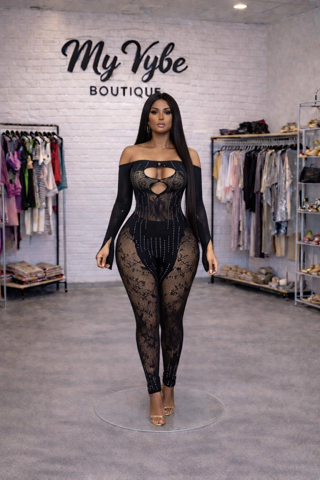 Midnight Luxe Sheer Rhinestone Jumpsuit – Off Shoulder Black Lace Bodysuit