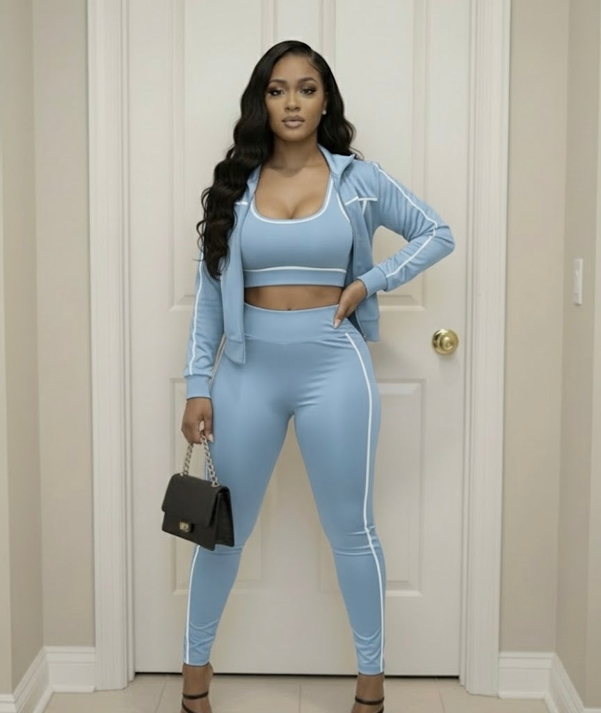 Women’s 3-Piece Leggings Set Jacket Matching Bra Leggings Outfit Set