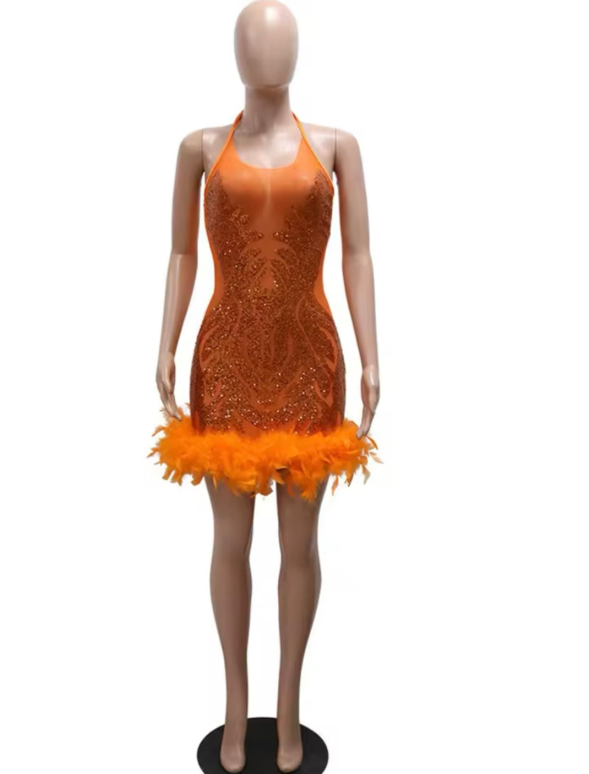 Women’s Orange Sequin Glitter Mesh Feather Sleeveless Birthday Dress Party Dress
