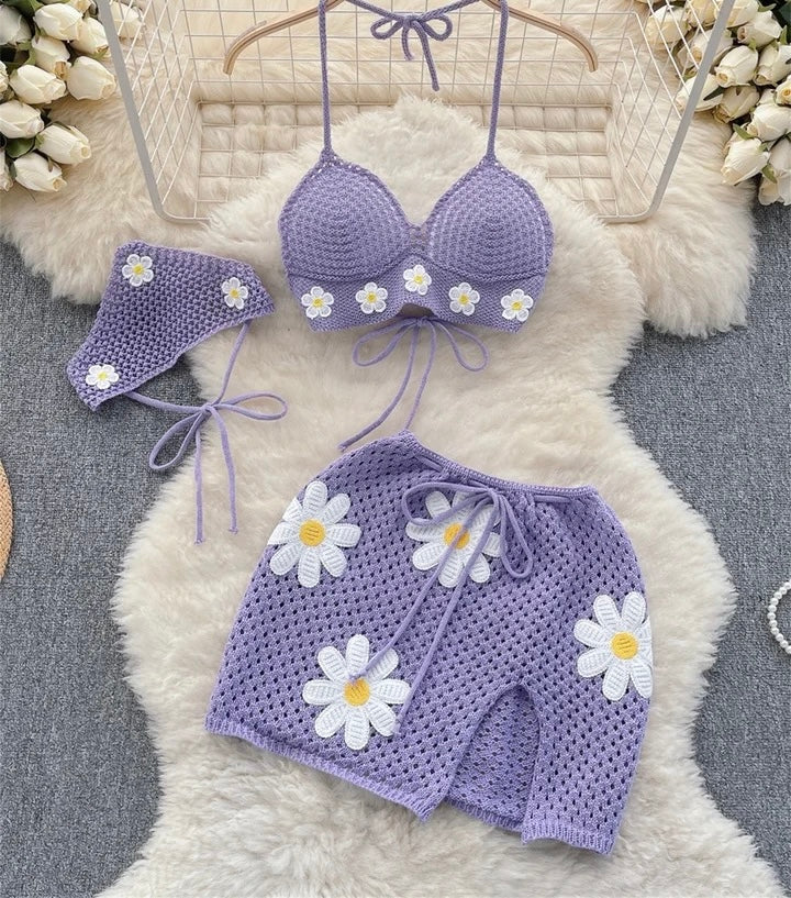 3-Piece Flower Print Knitted Mini Skirt Set