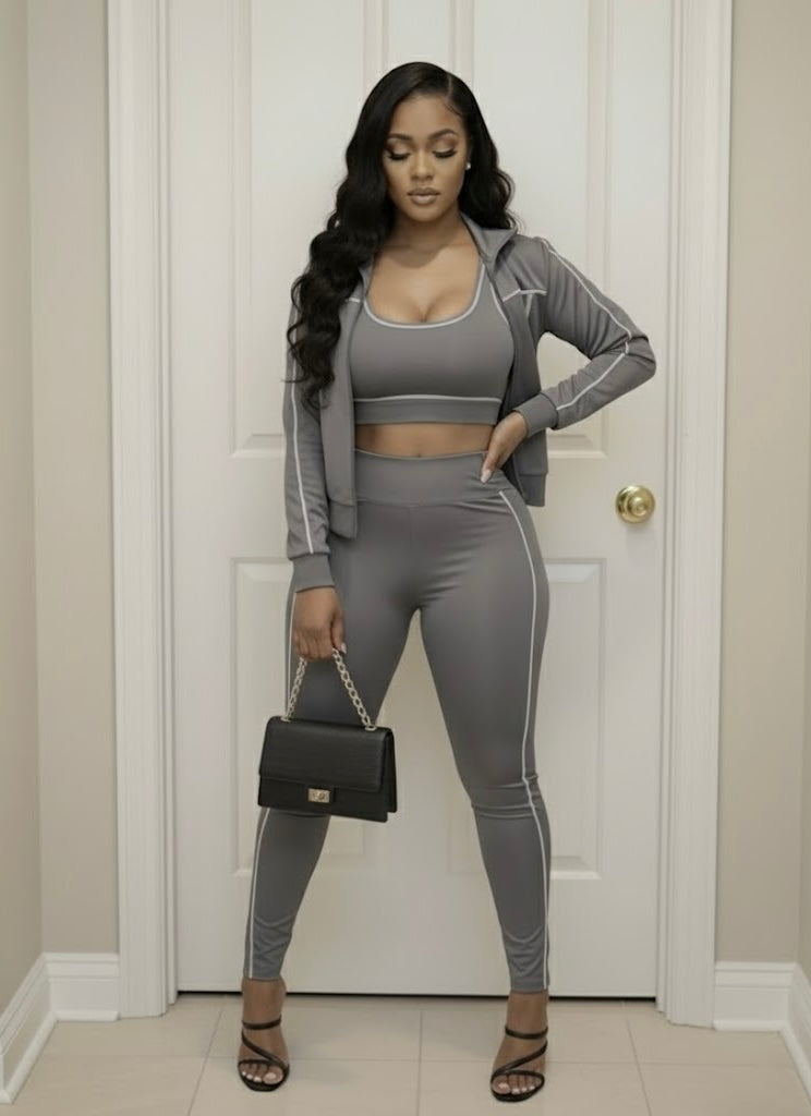 Women’s 3-Piece Leggings Set Jacket Matching Bra Leggings Outfit Set