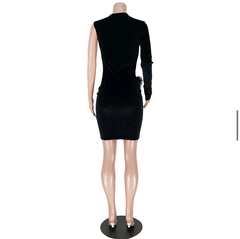 Womens Velour One Sleeve Mesh & Feather Dress