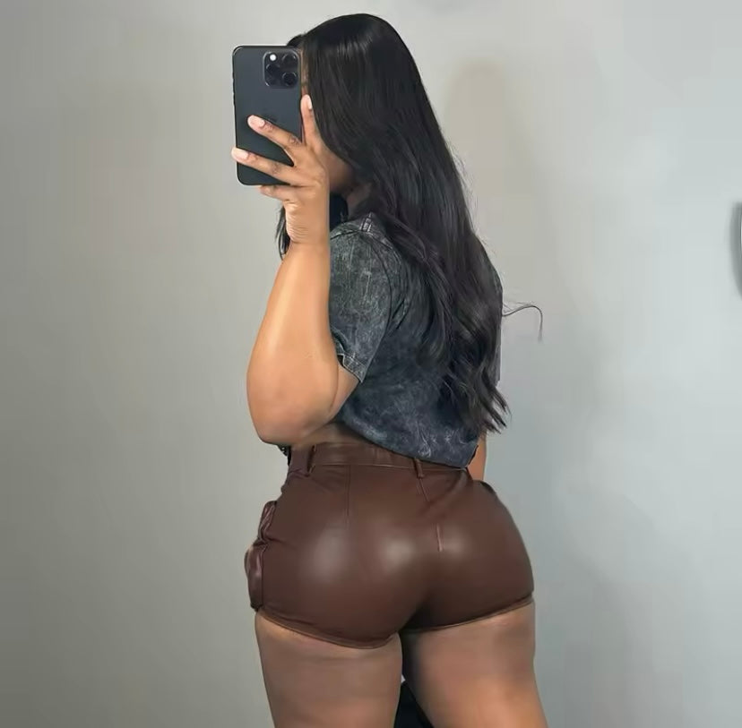 Women’s Brown PU Leather Tight Short Cargo Shorts with Button Zipper Closure