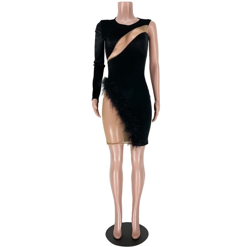 Womens Velour One Sleeve Mesh & Feather Dress